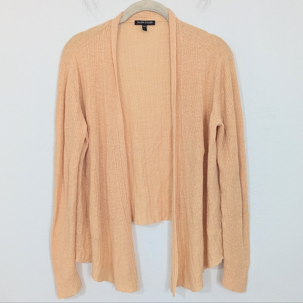 Eileen Fisher Ribbed Lightweight Open Waterfall Cardigan Linen Orange Large L